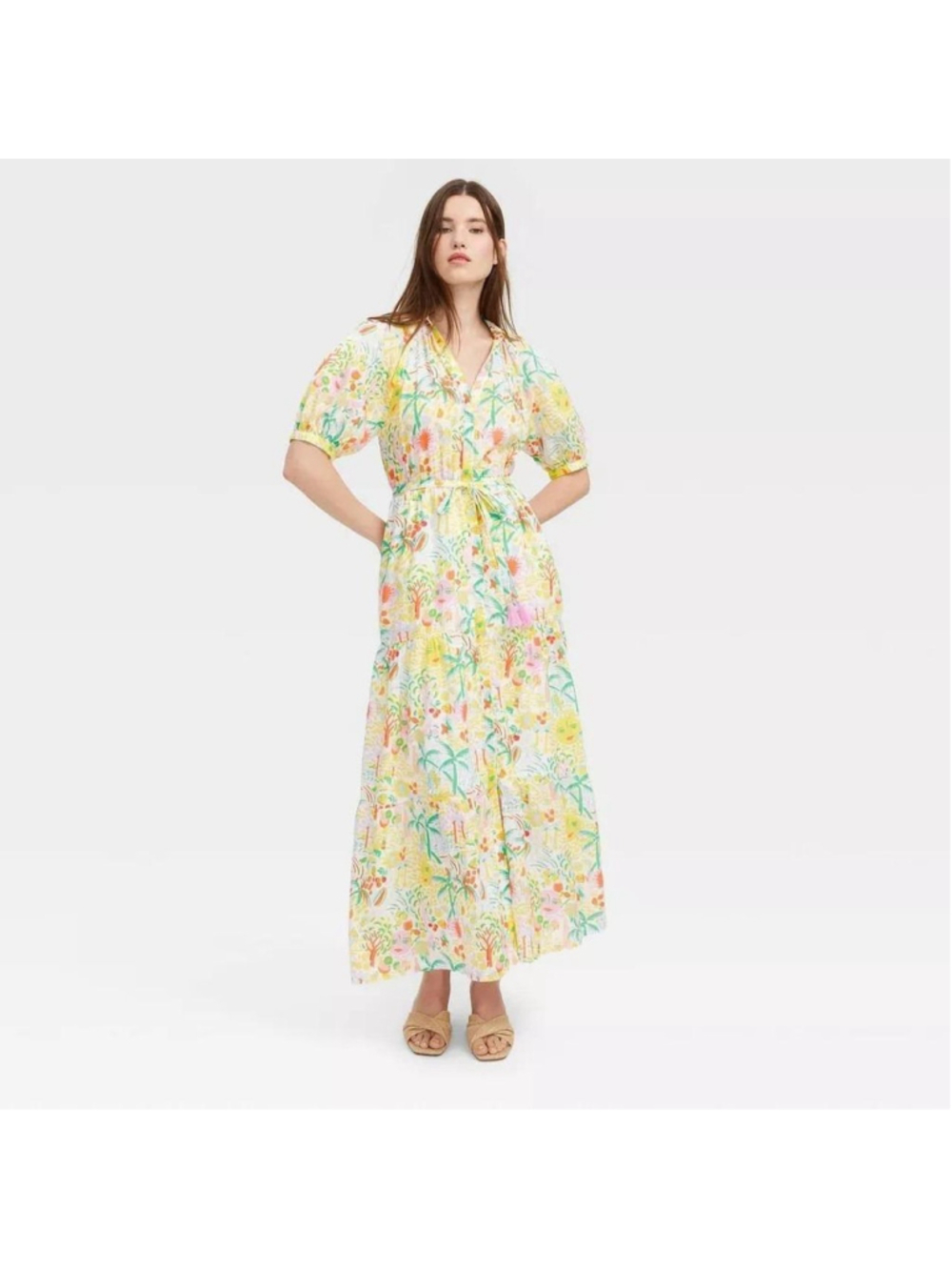 Roller Rabbit x Target Vacation Maxi Dress Yellow Green Gauze Floral Size L NWT